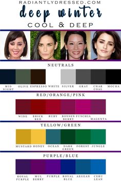 Deep Winter Color Type palette Cool Winter Palette Colors, Winter Pallet Color Analysis, Winter Fashion Color Palette, Winter Colour Analysis Palette, Color Palette For Cool Skin Tone, Deep Winter Palette Capsule Wardrobe, Winter Skin Color Palette, Winter Cool Tone Fashion, Deep Color Analysis