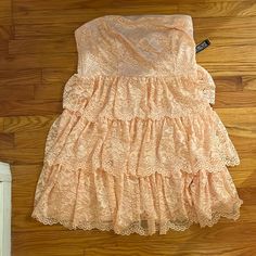 Never Worn Xl Size Light Pink Color! Spring Strapless Mini Lace Dress, Spring Lace Strapless Mini Dress, Spring Mini Lace Strapless Dress, Spring Strapless Lace Mini Dress, Spring Strapless Lace Dress For Brunch, Strapless Lace Mini Dress For Spring, Black Holiday Dress, Yellow Strapless Dress, Strapless Denim Dress