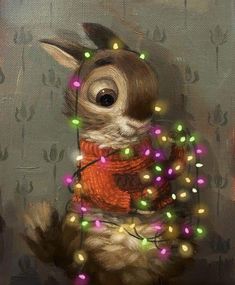 a painting of an owl wearing a scarf with christmas lights around it's neck