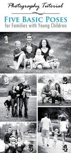 black and white photos of people posing for pictures in the park with their children,