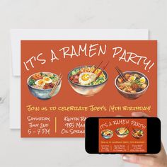 a person holding up a cell phone next to a card with an image of ramen party on it