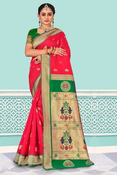 Pink Paithani, Red Silk Saree, Ruby Red Color, Zari Saree, Latest Indian Saree, Indian Sarees Online, Half Sleeve Blouse, Red Party, Red Saree