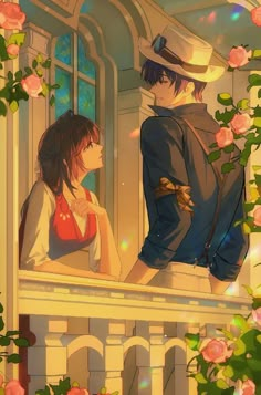 two people standing on a balcony looking out the window at flowers and roses around them