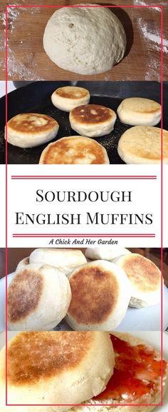 four different types of english muffins in pans with text overlay that reads, sourdough english muffins