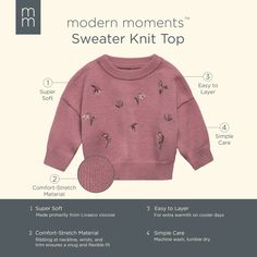 Our embroidered baby sweater is the perfect addition to your little one’s fall or winter wardrobe! Crafted from super soft viscose sweater knit, this sweater offers all-day comfort and quality for your little fashionista. The comfort-stretch ribbing at the neckline, cuffs, and hem ensures a snug yet flexible fit, allowing your child to play and explore with ease. With its thick and cozy feel, this sweater is perfect for cooler days, providing warmth and comfort wherever your little one goes. Easy to layer over outfits, it's a must-have addition to your baby's closet. Our essentials have been independently certified with STANDARD 100 by OEKO-TEX® so that you don’t have to worry about harmful substances in your little one’s wardrobe. Pack includes one sweater. | Modern Moments™ by Gerber Bab Cheap Floral Embroidery Winter Sweater, Cheap Floral Embroidered Winter Sweater, Cozy Winter Sweater With Floral Embroidery, Winter Floral Embroidered Sweater, Embroidered Sweater Kids, Embroidered Baby Sweater, Baby Closet, Gerber Baby, Baby Sweater