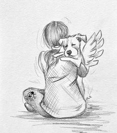 a drawing of a girl hugging a dog with her head in her arms and wings