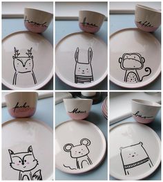 various pictures of different dishes with animals drawn on the plates and cups in each one