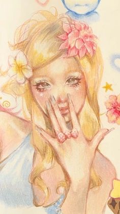 a drawing of a woman holding her hand up to her face with flowers on it