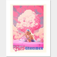 a woman sitting in a pink car with clouds behind her and the words barb enneimer on it