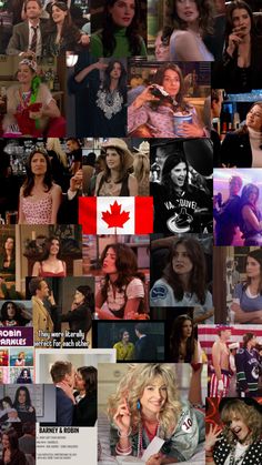 collage of many different people and canadian flag colors in the middle one woman is talking on her cell phone