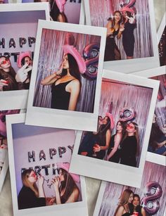 several polaroid photos of women in party hats and balloons with the words happy birthday written on them