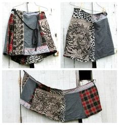 four pictures of different styles of shorts hanging on a clothes line, including one with an animal print and the other with plaid