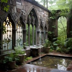 Gorgeous water element in a Victorian Gothic patio. Gothic Cottage Exterior, Gothic House Exterior Victorian Cottage, Victorian Gothic Garden, Victorian Arboretum, Gothic Castle Exterior, Gothic Gazebo, Greenhouse Castle, Gothic Backyard, Gothic Courtyard