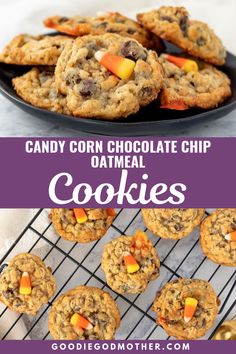 candy corn chocolate chip oatmeal cookies on a cooling rack with text overlay