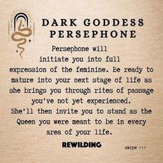 a poem written in black ink on parchment paper with an image of a snake and the words, dark goddess persephone