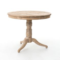 an old wooden table with two legs and a small round top on a white background