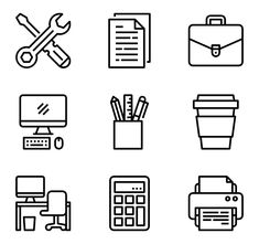 black and white icons on a white background including office supplies, desks, pens, pencil