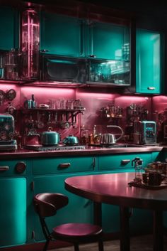 a kitchen with green cabinets and pink lighting