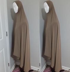 Toffee pull on amira khimar.  Flat measurements : 39-41 inches on front, 58 +" at the back.  Made from ity fabric, which is a polyester lycra knit.  If you have any questions please ask. Made in USA. Please read our FAQ section and be familiar with our store policies before purchasing. Head Covering, Slip On, Knitting, Fabric, Clothes