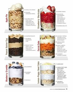 an image of desserts in glass jars with different toppings on the top and bottom