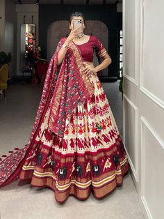 Designer patola print lehenga choli for women, Indian wedding chaniya choli with foil work, tussar silk lengha for function,reception lengha Lehenga(Stitched) Color : Off White  Lehenga Fabric : Tussar Silk  Lehenga Work : Patola Print With Foil Work  Waist : SUPPORTED UP TO 40 Lehenga Closer : Drawstring With Heavy Tassels And Zip Stitching : Stitched With Canvas And Attached With Can Can Length : 40 Flair : 4 Meter  Inner : Micro Cotton Blouse(Unstitched) Blouse fabric : Tussar Silk  Blouse Wo Wedding Chaniya Choli, Zip Stitching, White Lehenga Choli, Chaniya Choli Designs, Patola Print, Lehenga Choli Designs, Cotton Lehenga, Navratri Chaniya Choli, Lehenga Designs Simple