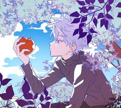 an anime character with purple hair and blue eyes is holding a red apple in his hand