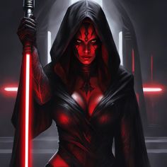 a woman dressed as darth vader holding a light saber