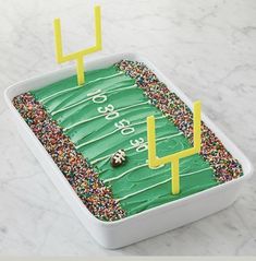 a cake in the shape of a football field with sprinkles and a ladybug on it