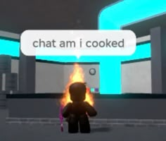 a person sitting in front of a fire with a sign that says chat am i cooked