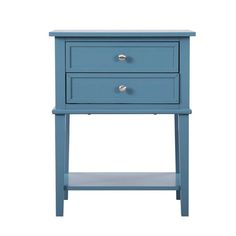 a blue nightstand with two drawers and one drawer on the bottom, in front of a white background