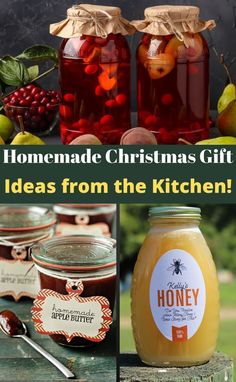 homemade christmas gift ideas from the kitchen, including honey jars and fruit in mason jars