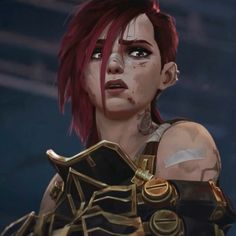 a close up of a person with red hair and piercings on her face, wearing armor