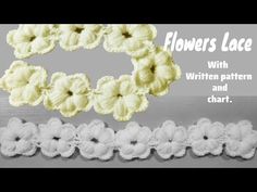 crochet flower lace with written pattern and chart on grey background, text reads flowers lace with written pattern and chart