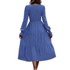 Blue Crew Neck Smocked Swing Midi Dress Blue Long Sleeve Smocked Dress With Ruffles, Blue Long Sleeve Smocked Dress With Smocked Bodice, Blue Smocked Dress With Long Sleeves, Blue Long Sleeve Midi Dress With Smocked Back, Blue Smocked Midi Dress, Blue Crew, Midi Dresses, Women Dresses, Smocking