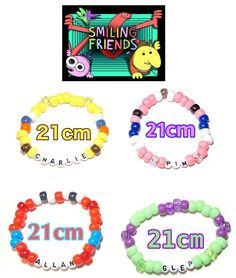 Pim, Charlie, Glep, Allan beaded bracelets based on the show Smiling Friends on The Max. Made out of various brands of beads depending on the shape or color, and strong stretchy string. Comes in two sizes. If you need a smaller or bigger size it might not be the exact centimeter, just message me and I'll get back to you with a picture of what you'll bracelet will look like. *If you picked a option with the word (ANY) please say which characters you want in the personalize text box* Smiling Friends Bracelet, Silly Bracelets, Kandi Inspo, Pony Bead Bracelets, Smiling Friends, Diy Kandi, Kandi Ideas, Bracelet Keychains, Kandi Patterns