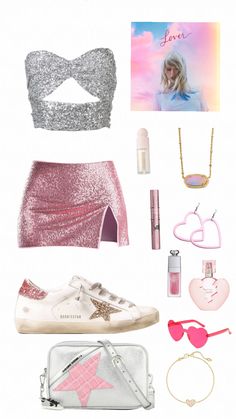 the contents of a pink and silver outfit including shoes, sunglasses, lipstick, bracelets