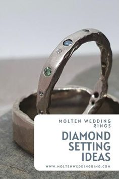 two wedding rings sitting on top of each other with the words molten wedding rings diamond setting ideas