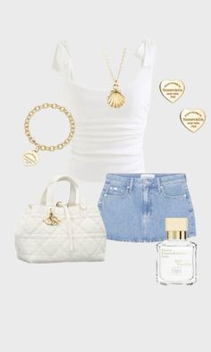 a white tank top, blue denim skirt and gold accessories are featured in this image