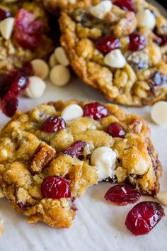 cranberry white chocolate chip cookies are on the table