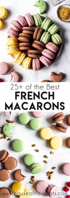 colorful french macarons are arranged on a white surface with the words, 25 of the best french macaroons