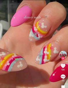 Disney Nails Birthday, Summer Disney Nails 2024, Disney Nails Neon, Pixar Nails Simple, Disney Princess Nails Aesthetic, Disney Figment Nails, Emily Nelson Disney, Cute Disney Acrylic Nails, Retro Disney Nails