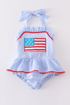 Show off your little one's love for the USA with our Seersucker patriotic flag swimsuit! Featuring a playful applique design and comfortable seersucker fabric, your little girl will be the cutest and most patriotic swimmer at the pool. Perfect for Memorial Day, Fourth of July, or any summer day! 95%COTTON5%SPANDEX 1201 Baby Boy 4th Of July Outfit, Baby Smocked Outfits, Toddler Girl 4th Of July Outfit, Baby Girl 4th Of July Outfit, Patriotic Baby, Southern Baby, Plaid And Leopard, Seersucker Fabric, Patriotic Flag