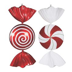 two red and white candy lollipops hanging from strings