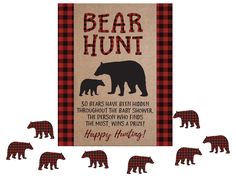 the bear hunt banner has five bears on it and is surrounded by smaller black bears