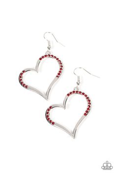 A curvaceous silver heart is encrusted in sections of fiery red rhinestones, invoking a flirtatious flair. Earring attaches to a standard fishhook fitting.

 Sold as one pair of earrings. Red Heart Earrings, Silver Heart Earrings, Paparazzi Accessories, Fiery Red, Rhinestone Heart, Red Earrings, White Rhinestone, Red Rhinestone, Chic Jewelry