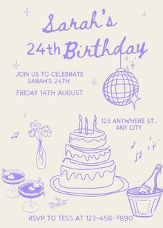 a birthday party flyer for someone's 21st birthday, with cake and music notes