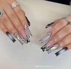 Chrome On Black Nails, Chrome Nails Designs Square, Black And Chrome Nails, Chrome Nails Designs, Pink Ombre Nails, Simple Acrylic Nails