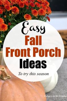 Orange mums and pumpkins on fall front porch. Small Porch Decorating Ideas For Fall, Pumpkin And Mums Porch, Mums Decor Front Porches, Fall Porch Ideas With Mums, Call Porch Decor, Potted Mums Front Porches, Pumpkin Entryway Decor, Autum Decorations Outdoor Front Porch, Fall Front Steps Decorating Ideas