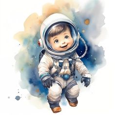 a watercolor painting of a baby in an astronaut suit