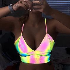 OUTFIT GARAGE Reflective Crop Top Strap Street Wear Outfit OG0673 Holographic Clothing, Holographic Crop Top, Reflective Fashion, Backless Tank Top, Street Wear Outfits, Stylish Tank Tops, School Outfit Women, Outfits Rave, First Day Of School Outfit